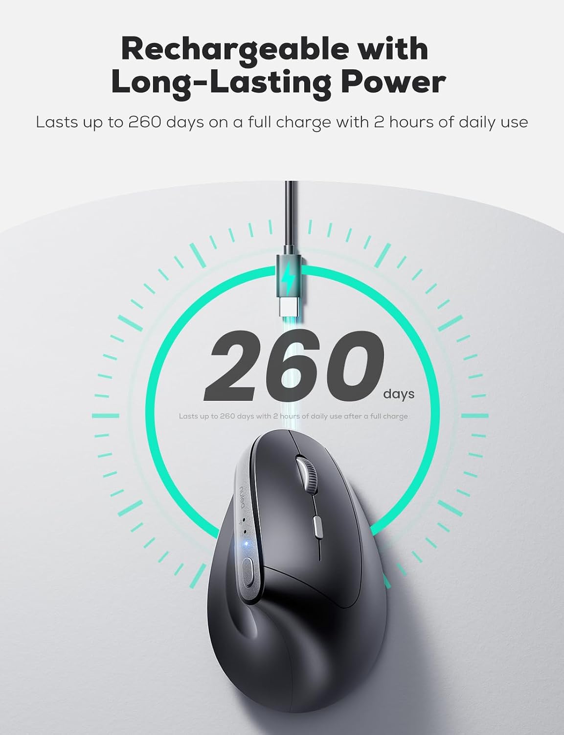 Nulea MD280 Ergonomic Vertical Wireless Mouse - Bluetooth & 2.4G Dual Mode, 4 Adjustable DPI 800/1200/1600/2400, Rechargeable, Silent Clicks, No Lag, 6 Buttons - Perfect for Laptop, Desktop Black