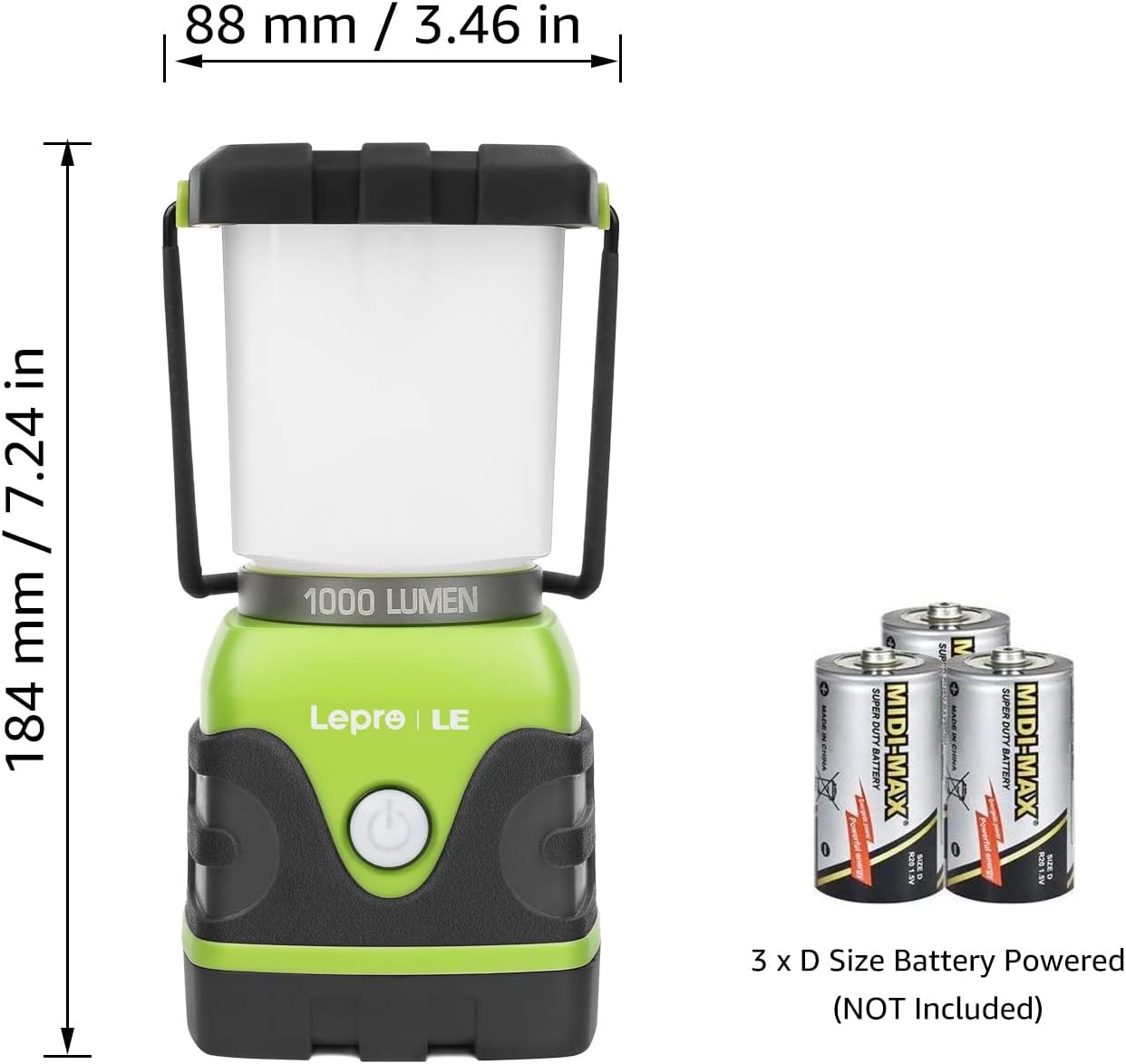 Lepro 1000LM Battery Powered LED Camping Lantern with 4 Light Modes, Green | Tent Light, Camping Essentials, Waterproof Lantern Flashlight for Camping, Emergency Light, Power Outages, Not Rechargeable