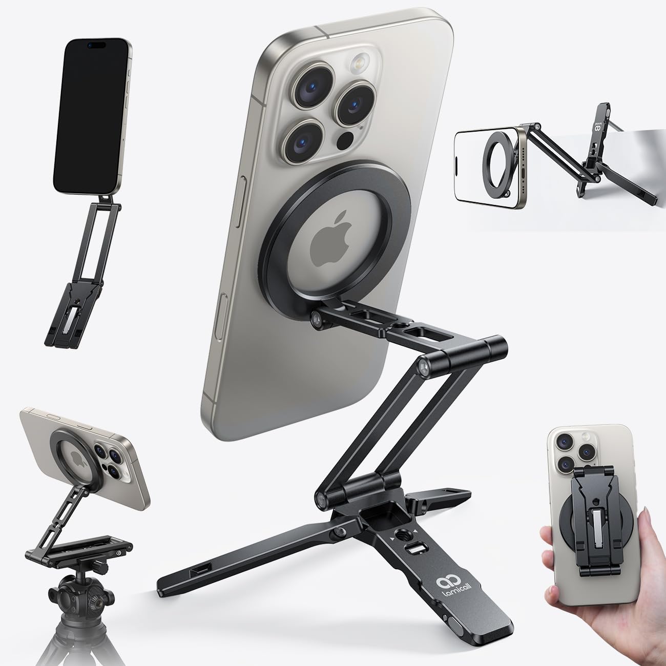 Lamicall for MagSafe Tripod Stand Ultra-Compact with 1/4" Screw, Arca, Hook | Aluminum Magnetic Tripod for iPhone, Flexible 20x Magnet Phone Stand Gift Accessories for Women Men for iPhone 17 16 15 Black