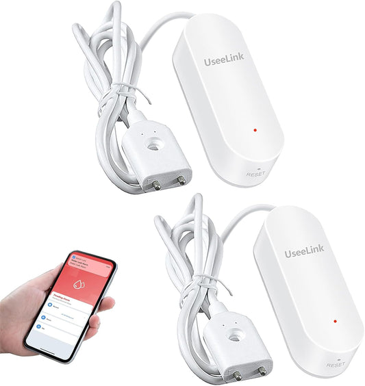 UseeLink WiFi Water Sensor, Smart Water Leak Detector, 100dB Adjustable Alerts &amp; App Smart Push, IP67 Waterproof, Wireless Detector for Kitchen, Bathroom, Basement, No Hub Required