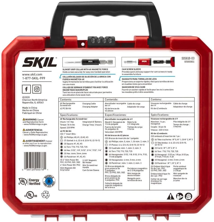 SKIL Rechargeable 4V Cordless Pistol Grip Screwdriver with 42pcs Bit Set, USB Charger and Carrying Case - SD5618-03