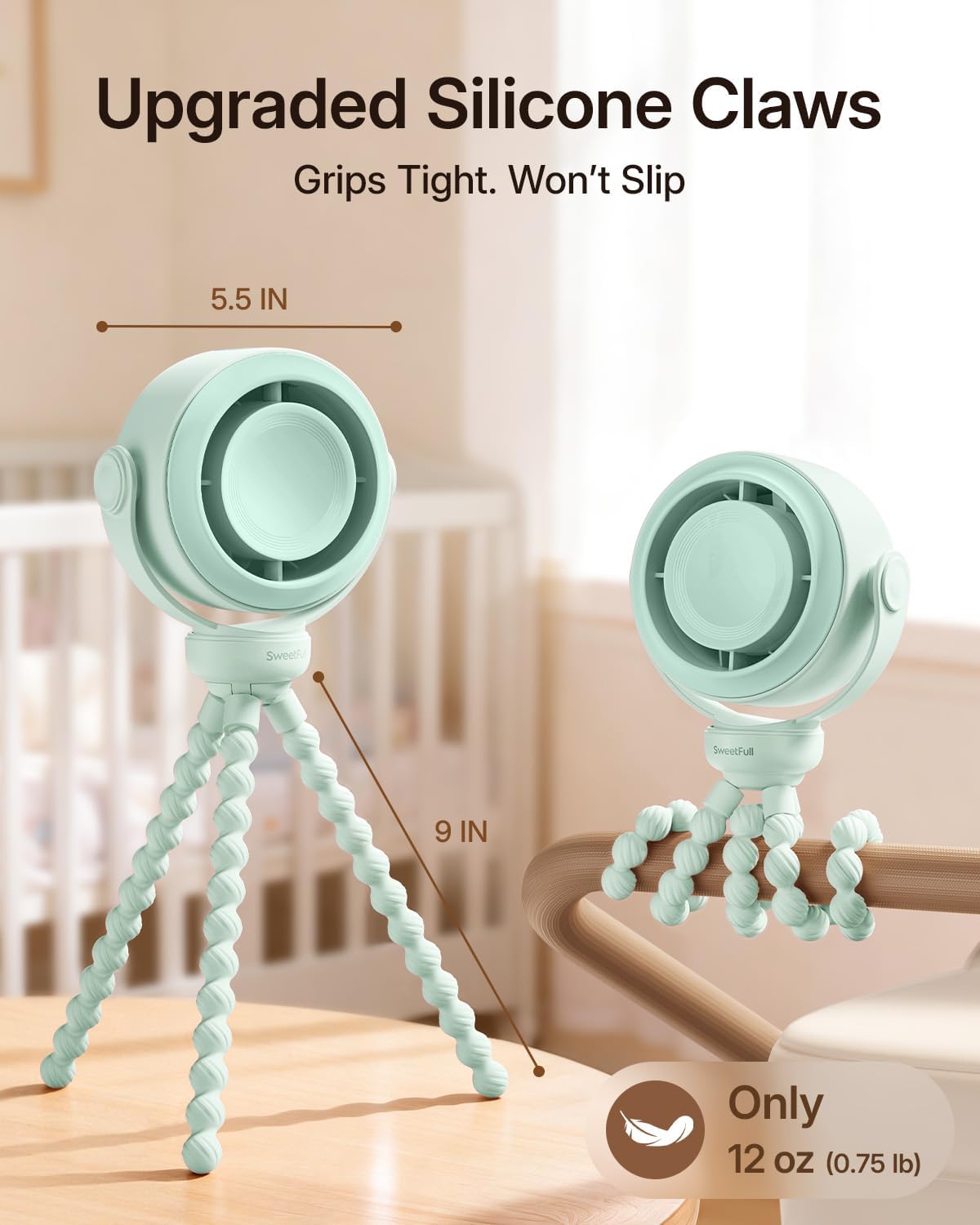 SWEETFULL Portable Stroller Fan, Pinch-Proof Baby Fan - Green | Wide Turbine Airflow; Safe Design; LED Display; 5-Speed; 30dB Quiet; USB-C Rechargeable; Mini Clip On Fan for Car Seat & Bed