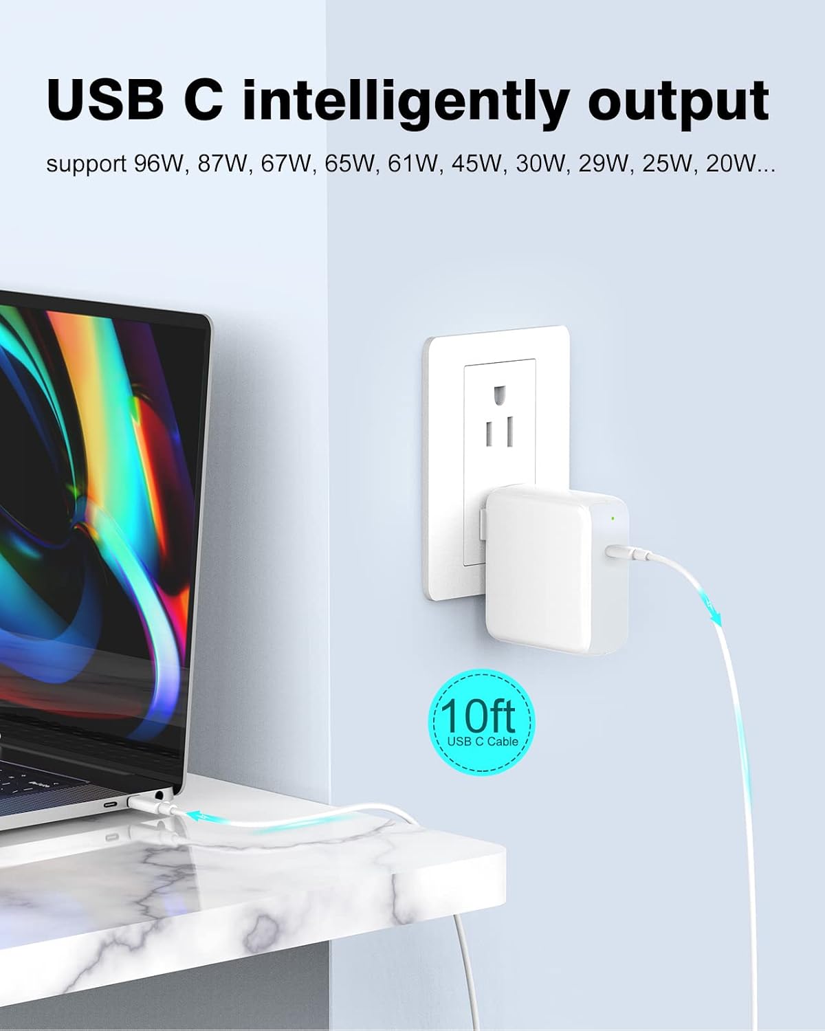 10ft Charger for MacBook Pro/Air 16, 15, 14, 13 inch 2025, 2024, 2023, 2022, 2021, 2020, M1 M2 M3 M4, 96W USB C Power Adapter, LED, 100W USB-C Cable Charging as Fast as Original Quality