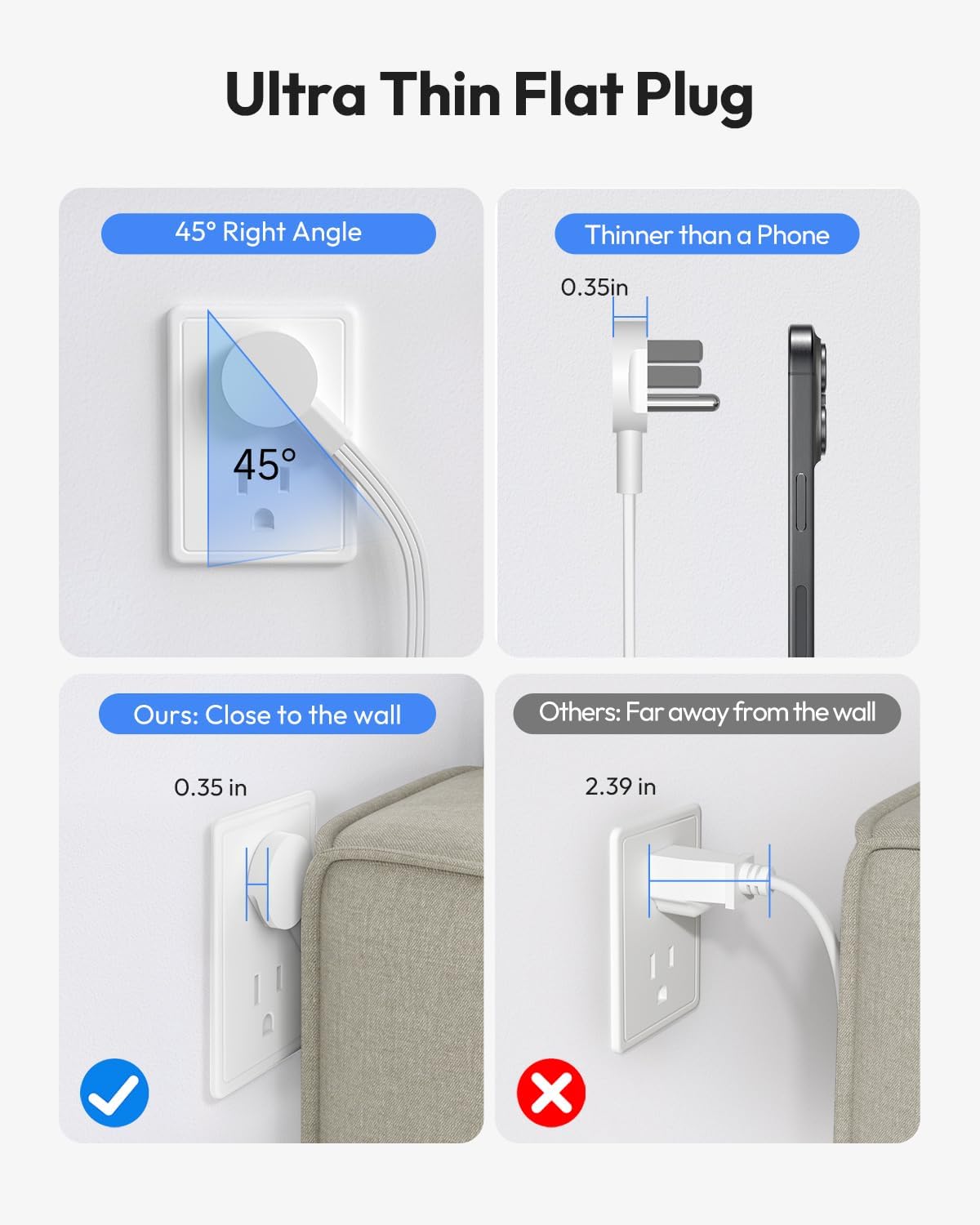 Flat Extension Cord 25 FT, NTONPOWER Long Power Strip, 10 Outlets 4 USB Ports (2 USB C), 3 Side 3 Prong & 2 Prong, Overload Protection, Flat Plug Wall Mount, White, SurgePro