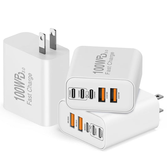 QZIIW USB C Wall Fast Charger Block, 100W 5-Port Type C Fast Charging Block | 3 Pack-PD Power Charger Adapter QC 3.0 USB Multiport Charger Brick For iPhone 17 16 , Samsung series MacBook/Air, iPad, etc.