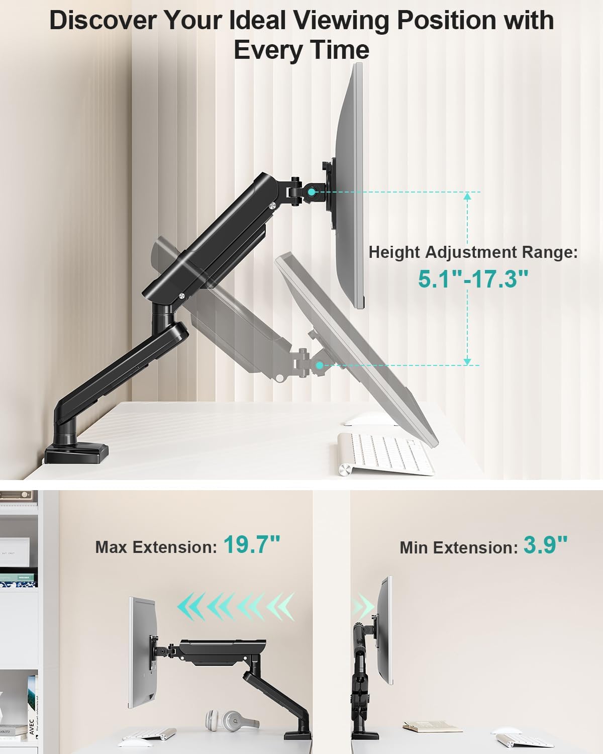 Single Monitor Desk Mount, 13-32 inch Adjustable Full Motion Monitor Arm, Computer Monitor Stand Holder with Clamp and Grommet Base, Fits 4.4 to 22lbs Screens, VESA Mount Bracket, Black, Freelift Pro