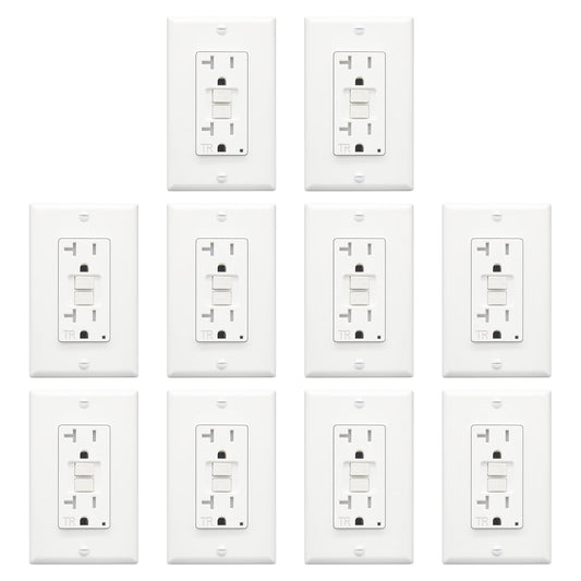 ThunderWay 20 Amp GFCI Outlet, Tamper-Resistant Receptacle, Self-Test Electrical Outlet with LED Indicator, Indoor/Outdoor Use, Decorator Wall Plates and Screws Included, ETL Listed, White, 10 Pack