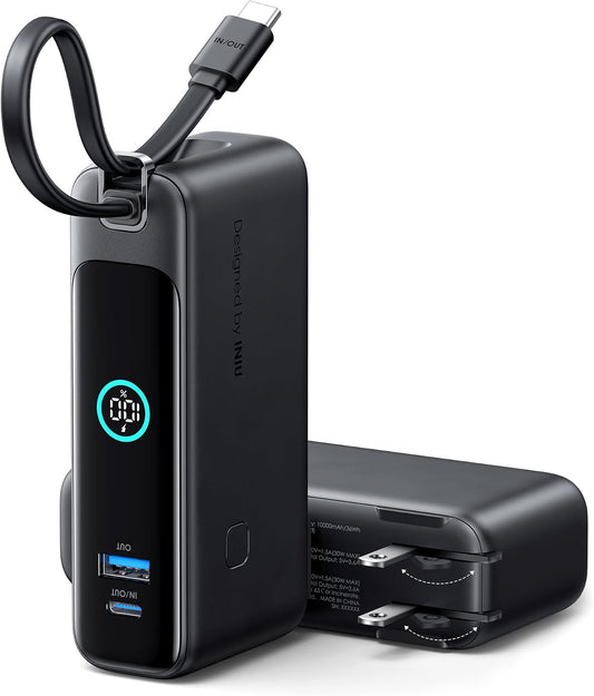 INIU Portable Charger, 10000mAh 30W Fast Charging Power Bank, Built-in USB C Cable and Foldable AC Plug, Travel Essentials Battery Pack for iPhone 16 15, Samsung S25 S24, MacBook