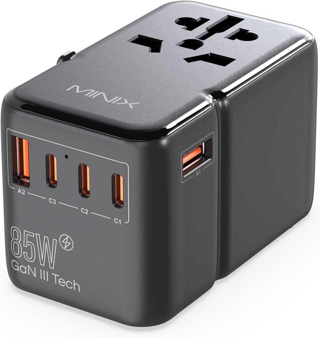 MINIX 170W Universal Travel Adapter GaN III Travel Adapter Worldwide | 3 USB-C, 1 USB-A & AC Outlet, International Power Adapter for EU/UK/AU/US/JP for Laptops, Tablets (Not a Voltage Converter)