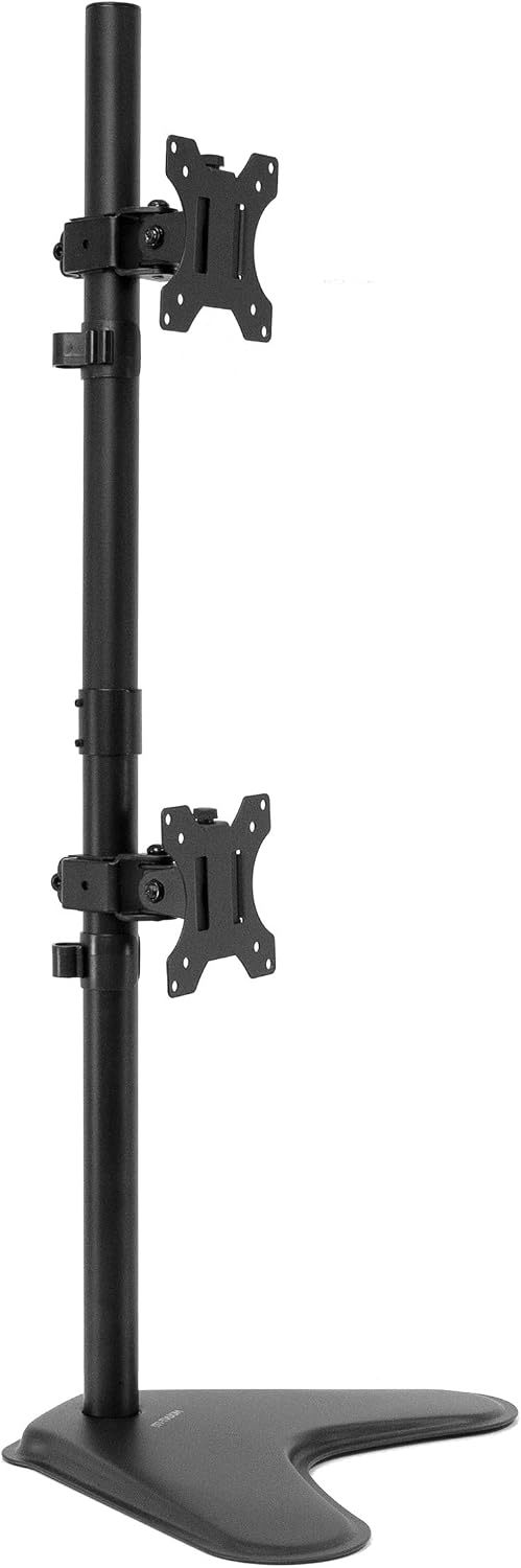 Mount-It! Vertical Dual Monitor Stand, Freestanding Stacked Monitor Mount for 2 Screens 17–32", Height Adjustable, Tilt Swivel Rotate, Portrait or Landscape, Holds 17.6 lbs per Arm, No Desk Clamp Needed