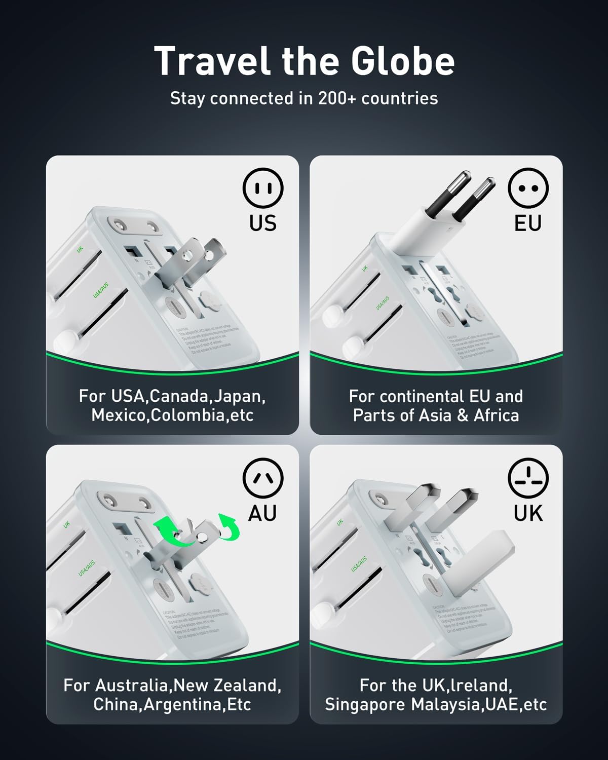 Travel Adapter, 30W GaN Fast Charging European Plug Adapter Worldwide Universal Charger with 4 Ports 1 AC, 1 USB-A, and 2 USB-C Ports Plug Adapter for USA European UK AUS Japan, White
