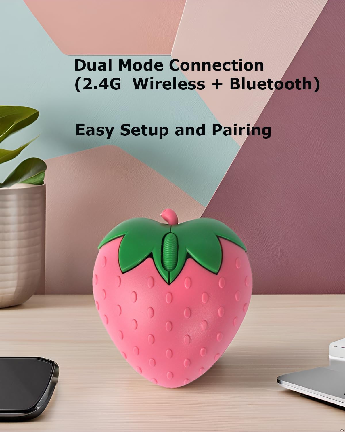Wireless Bluetooth Mouse Cute Pink Fruit Strawberry Shape Silent Portable Lightweight USB Optical Cordless Dual Mode Mice for PC Laptop Computer Tablet Mac MacBook Pro Desktop Kids Girls Women Gift