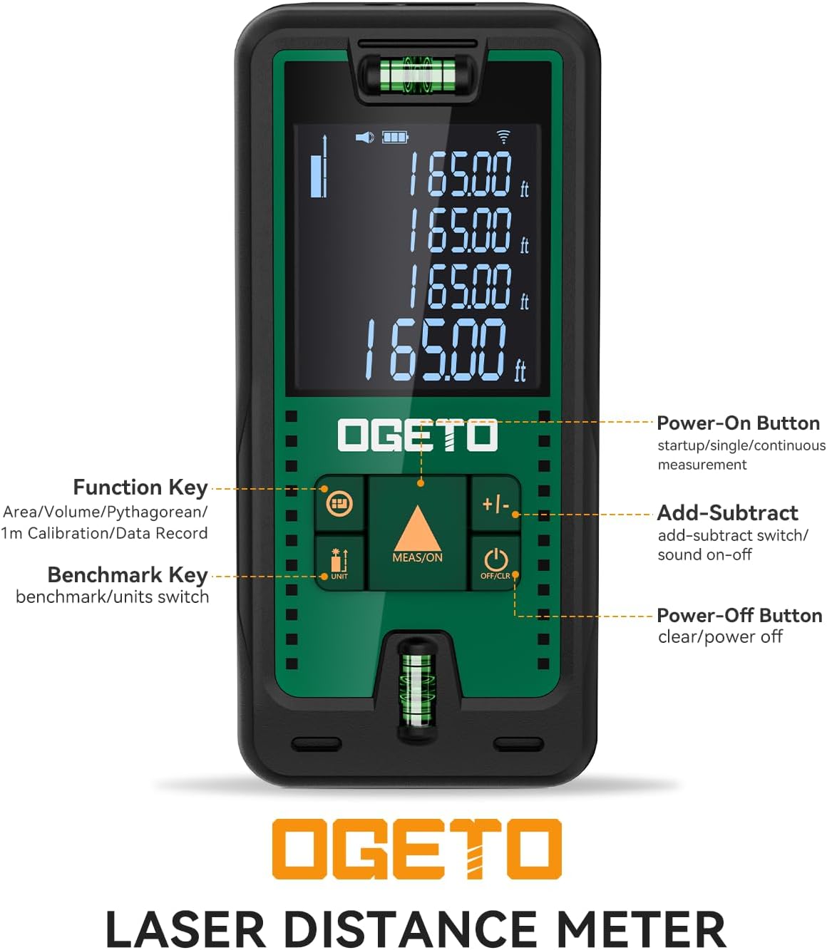Laser Measure, Ogeto 165 Feet Digital Laser Distance Meter with 2 Bubble Levels,M/in/Ft Unit Switching Backlit LCD and Pythagorean Mode, Measure Distance, Area and Volume