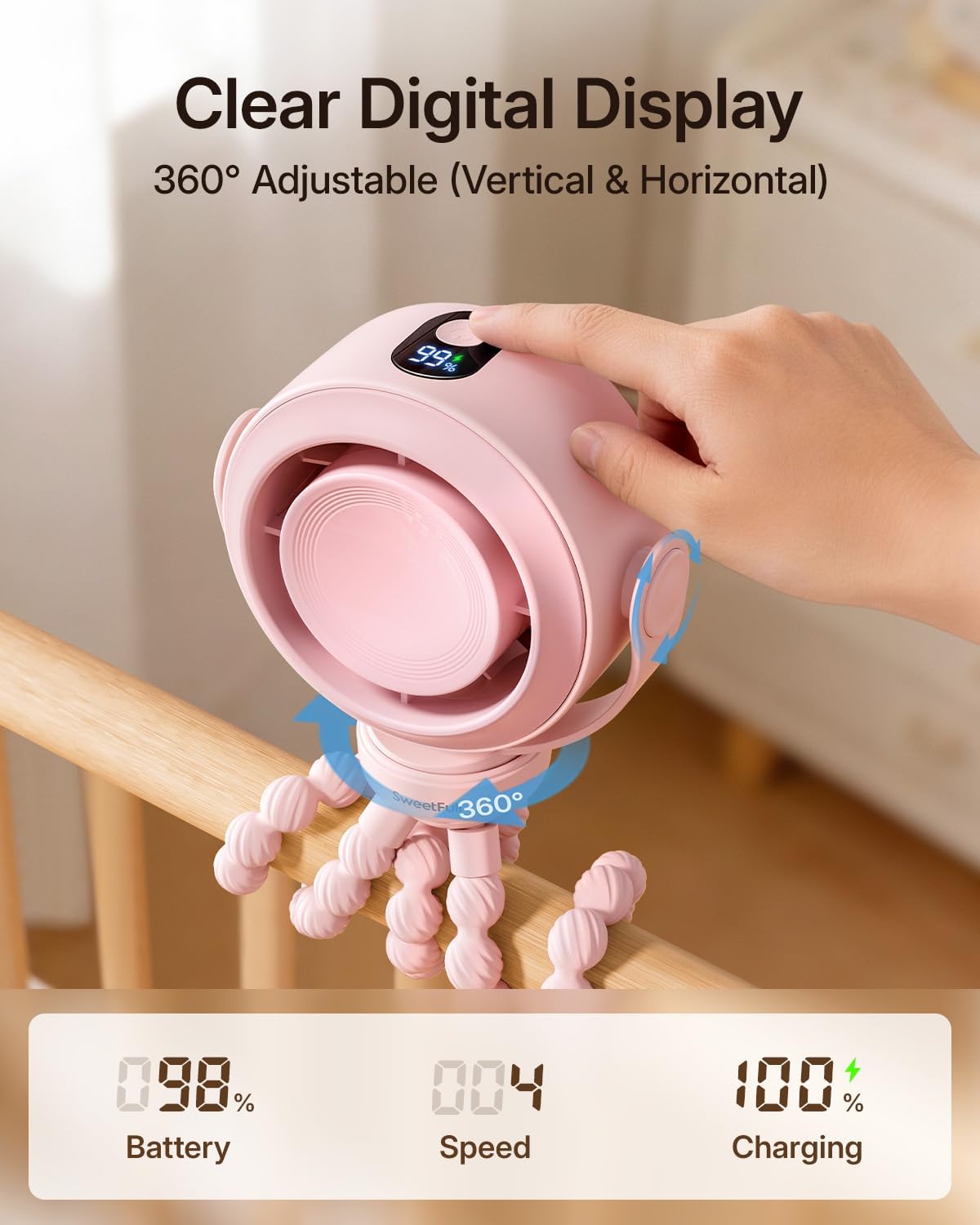SWEETFULL Portable Stroller Fan, Pinch-Proof Baby Fan - Pink | Wide Turbine Airflow; Safe Design; LED Display; 5-Speed; 30dB Quiet; USB-C Rechargeable; Mini Clip On Fan for Car Seat & Bed