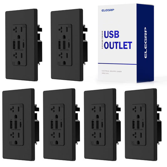 ELEGRP USB Outlets Receptacles, 3-Port Wall Outlet, 30W 6.0A Electrical Outlet, 20 Amp Tamper-Resistant Outlet, UL Listed, Screwless Wall Plate Included, 6 Pack, Matte Black
