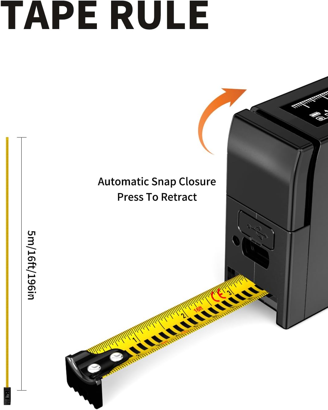 Laser Tape Measure 3-in-1, 196ft/60m Laser Distance Meter, 16ft/5m Digital Tape Measure, Regular Tape Measure, Area Volume Measuring Pythagorean Mode, Rechargeable