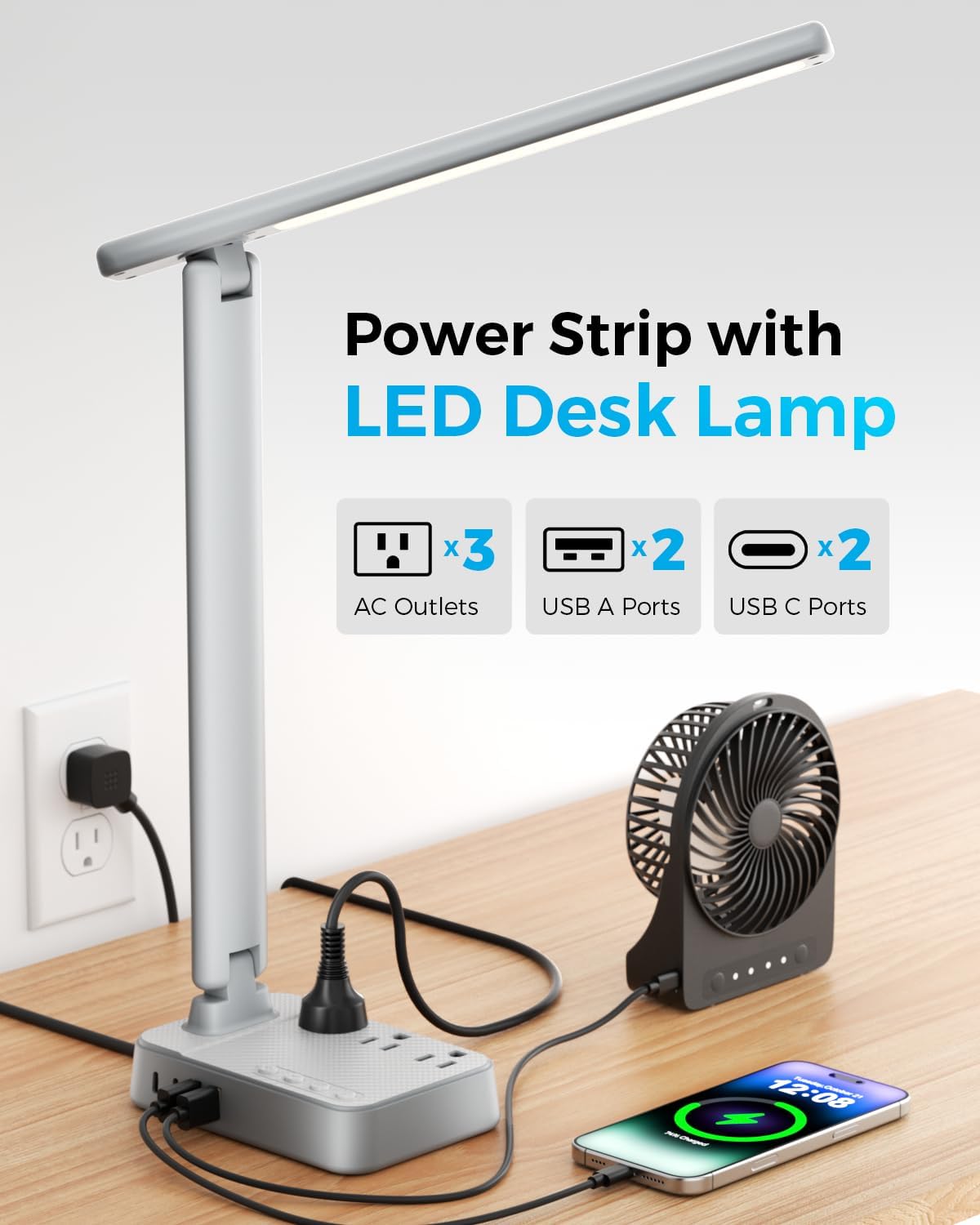 LED Desk Lamp with Power Strip, 3 AC Outlets, 4 USB Ports, Stepless Dimming
