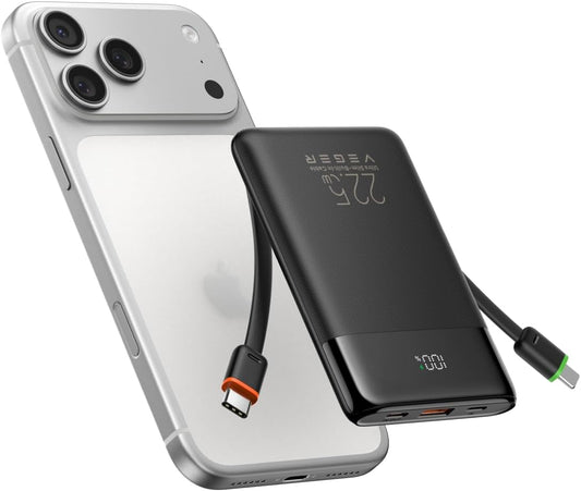 VEGER 10000mAh 22.5W Fast Charging Portable Charger with Built-in Cables | 0.4lb Slim USB C Power Bank, Small Battery Pack for iPhone 17/16/15/14/13 iPad Samsung, Flight Safe, Travel Essential, Black