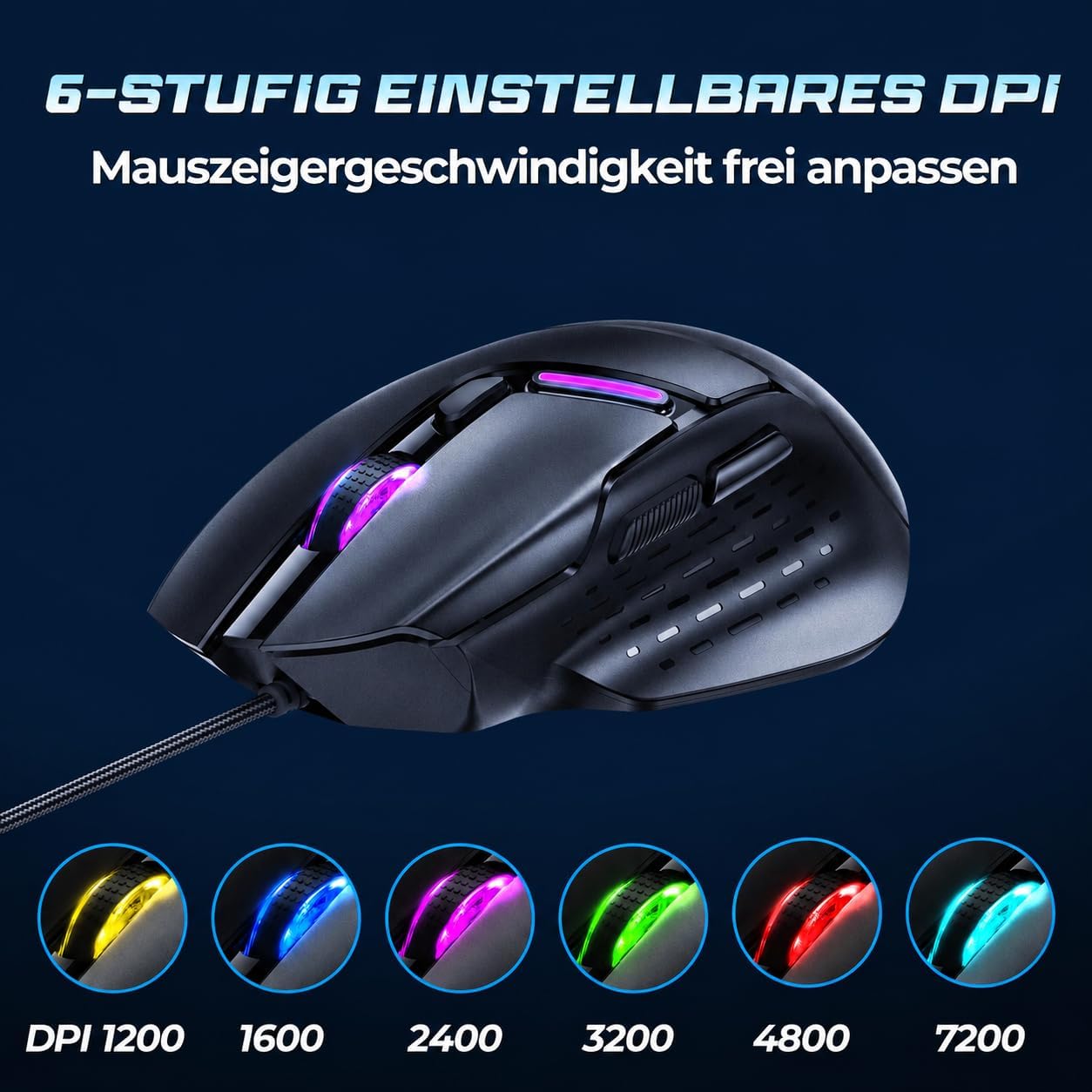 Uineer Wired Gaming Mouse, 7200 DPI, 6 Programmable Buttons, RGB Lighting | 6 programmable buttons, adjustable 7200 DPI, RGB lighting and quiet clicks for work or gaming
