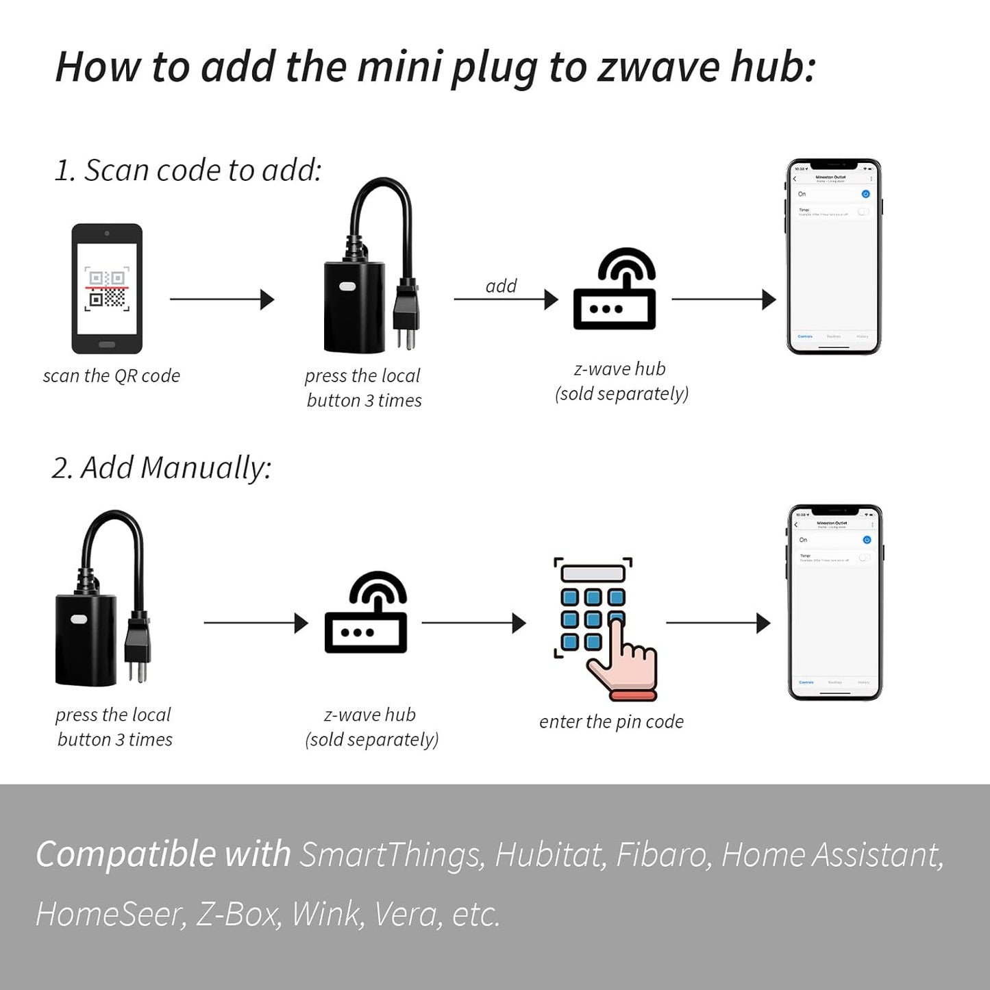 Minoston Zwave Outlet Plug, 800 Series Outdoor Z-Wave LR Smart Plug, On/Off Switch, Z Wave Hub Required, IP65 Weather-Resistant Waterproof, Built-in Repeater, Compatible with SmartThings Black (MP22Z)