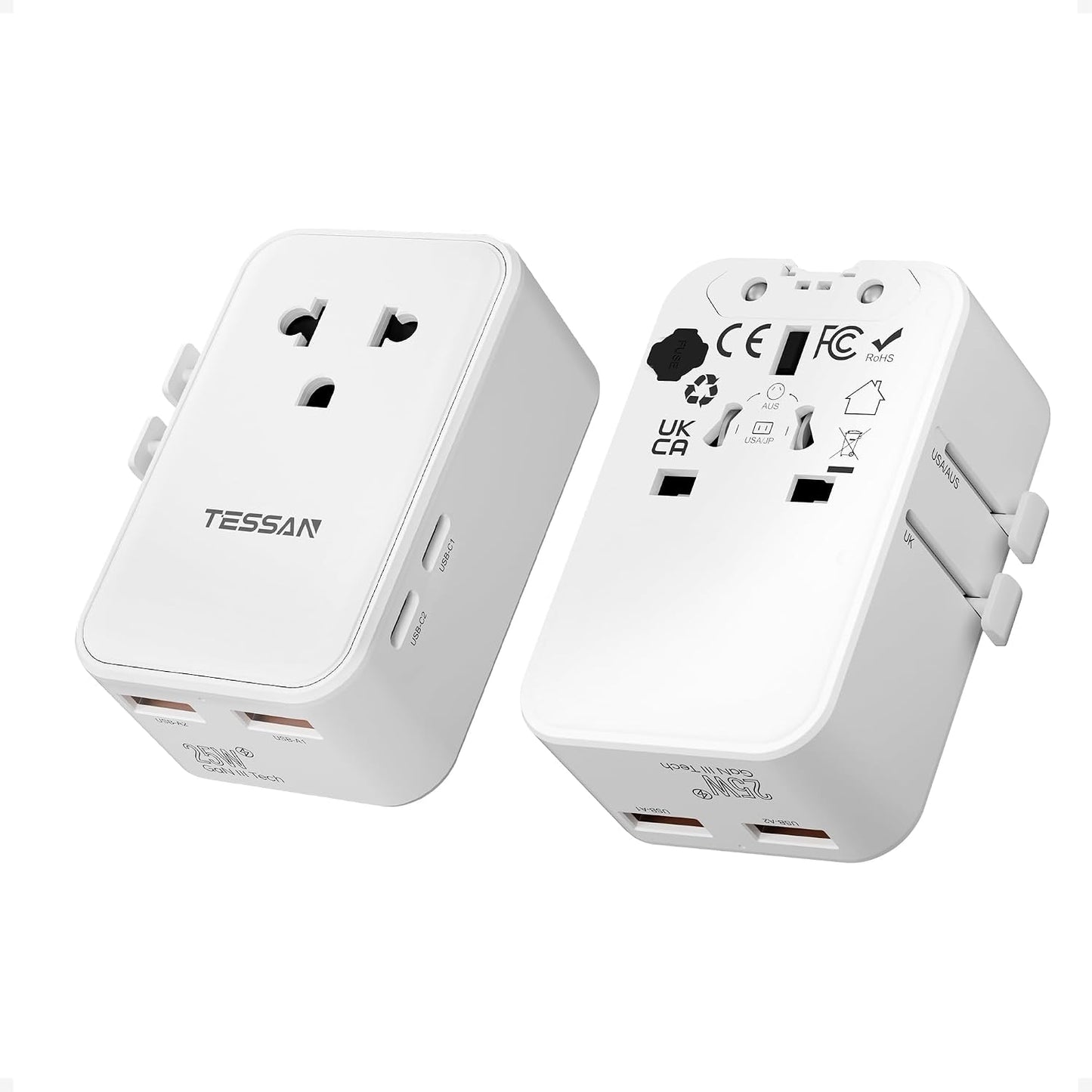 TESSAN Universal Travel Adapter PD 25W, Ultra Thin International adapter | Fast Charger, Worldwide Plug Adaptor 2 USB A 2 USB C for US to European UK Australia Ireland, Type C G A I