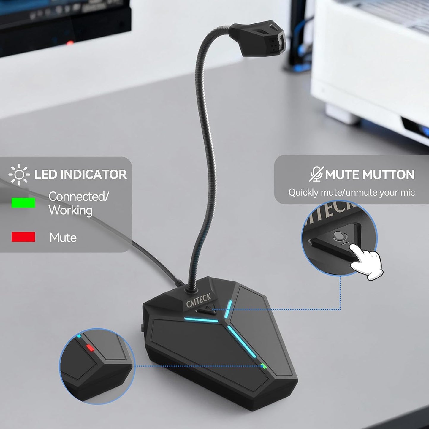 CMTECK USB Computer Microphone, Plug-and-Play, Studio-Quality for PC,Laptop | One-touch mute with LED indicator, noise-cancelling, 360° adjustable extra-long gooseneck desktop Mic. Works with Windows/Mac