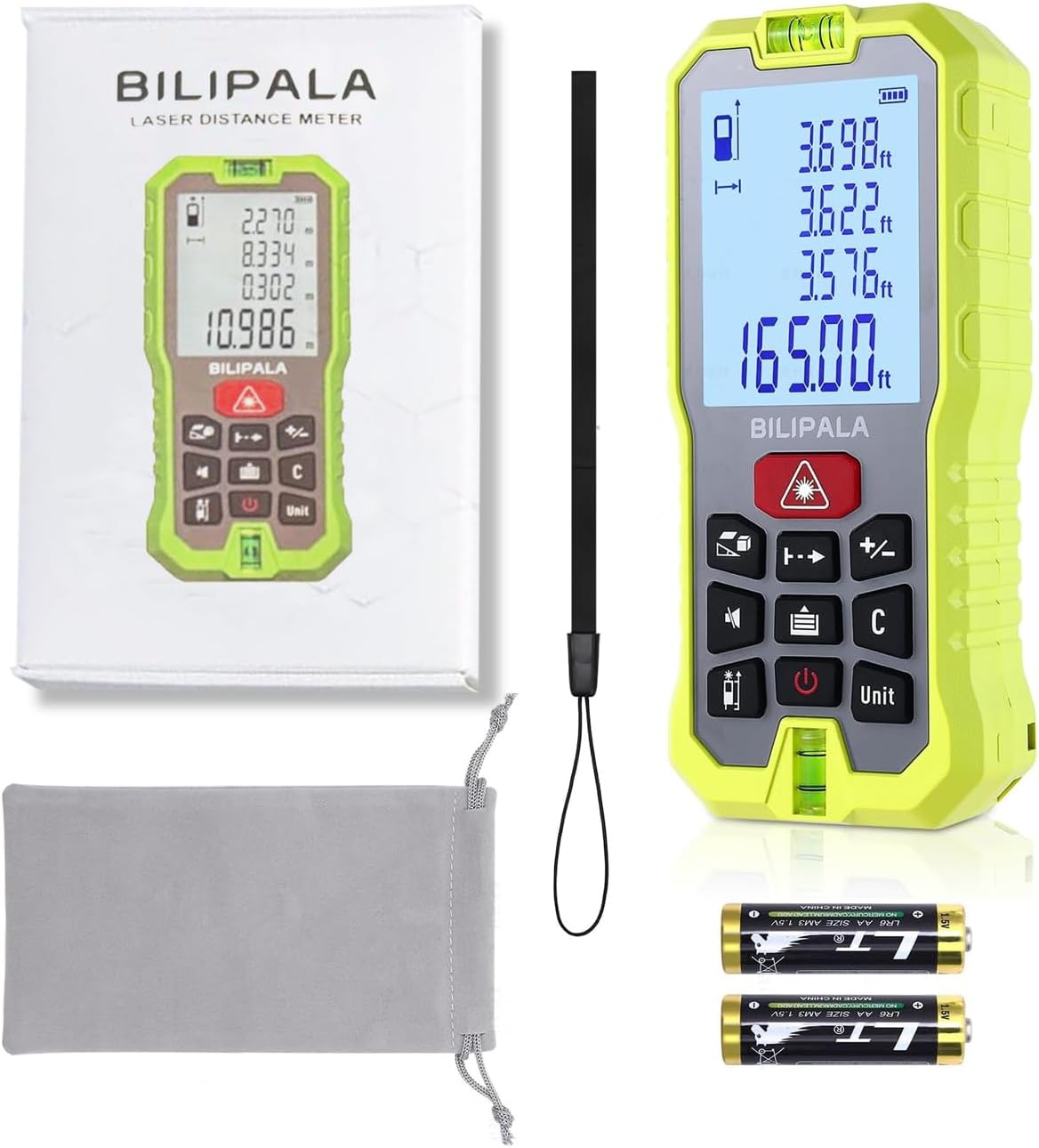 Laser Measure, 165ft Digital Laser Distance Meter with 2 Bubble Levels, 2" Backlit LCD, High Precision Laser Measuring Tool,Area Measurement,Volume and Pythagoras, Mute, Battery Included