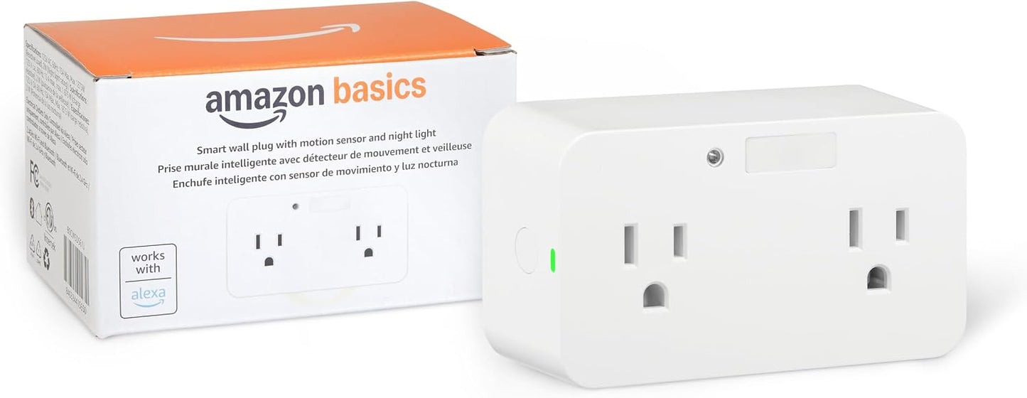Amazon Basics Dual Smart Plug with Motion Sensor and Night Light, Works with Alexa Only, Control from Anywhere, Automatic Control, 2.4 GHz Wi-Fi, No Hub Required, 4.33 x 2.36 x 1.38 in, White