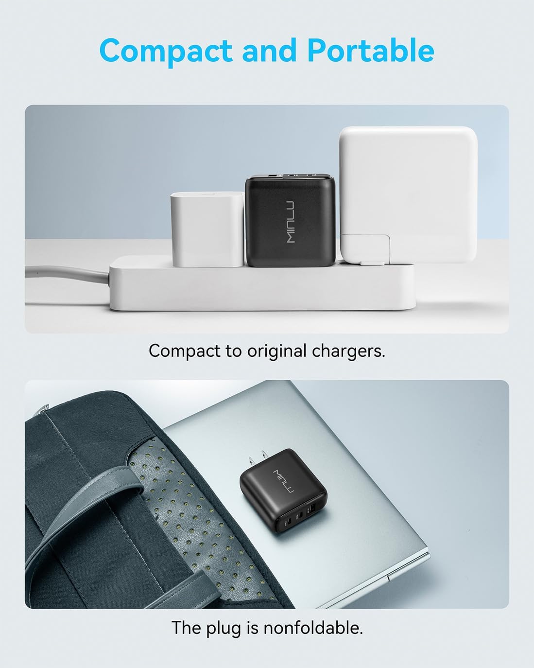 65W USB C Charger Block, MINLU GaN 3-Port Compact Fast PPS Wall Charger with 100W 2 in 1 USB-C to C/L Cable,Fast Charging for MacBook Pro/Air,iPad,iPhone 17 16 15 Series,Galaxy S25 UItra PS - 2Pack