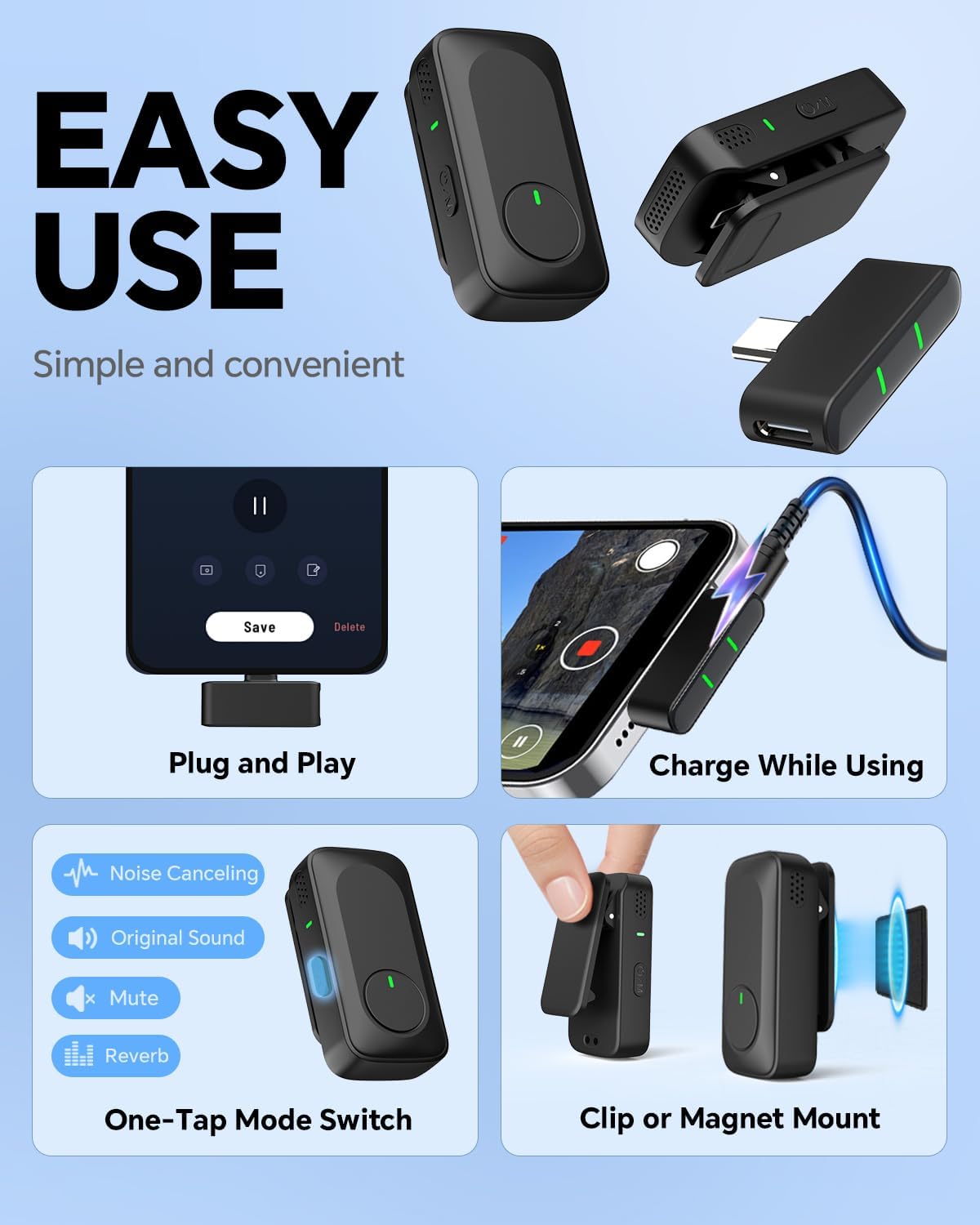 Wireless Lavalier Microphone for iPhone/Android Phone/Laptop/PC, Mini Lapel Mic with 50H Battery Life Charging Case, 100FT Range and Noise Reduction, for Video Recording, Streaming, TikTok