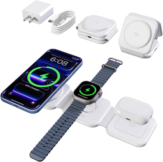 15W Magnetic Travel Charging Station, 3-in-1 Foldable MagSafe Charger | Wireless Charger for Apple Multiple Devices - iPhone Air 17 16 15 14 13 12 Pro Max, Watch & AirPods - Slim Portable, White