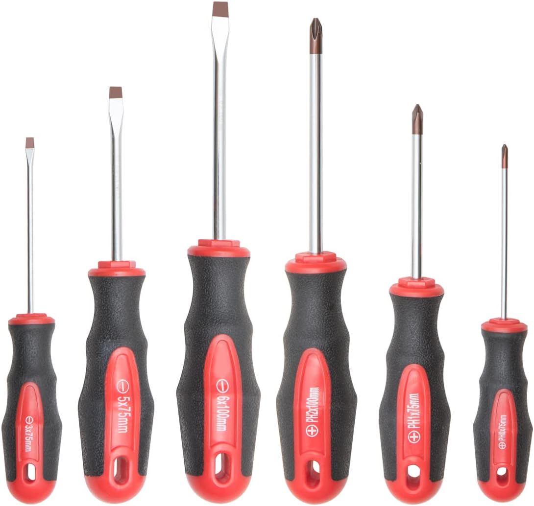 6PC Magnetic Tip Screwdriver Set, 3 Phillips and 3 Flat | 3 Phillips and 3 Flat, Red Tip, Gloss, S2 Steel