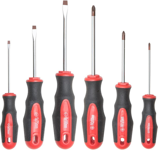 6PC Magnetic Tip Screwdriver Set, 3 Phillips and 3 Flat | 3 Phillips and 3 Flat, Red Tip, Gloss, S2 Steel