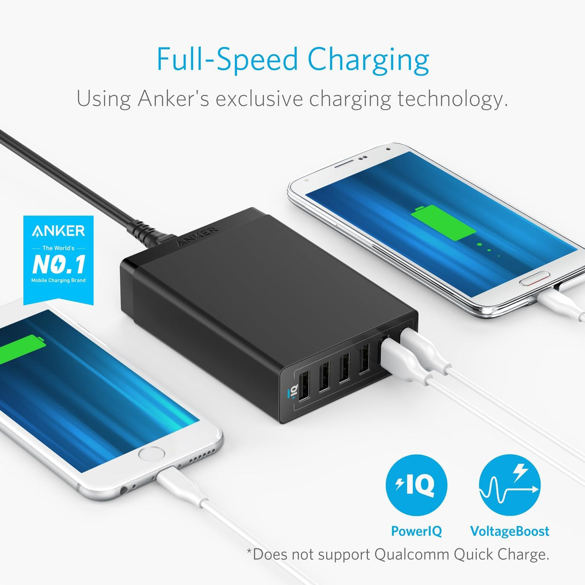 Anker Desktop Charger, 60W 6 Port USB Multiple Charging Hub | PowerPort 6 Multiple USB Charger, Campatible with iPhone, iPad, MacBook, Galaxy, LG, HTC, and More
