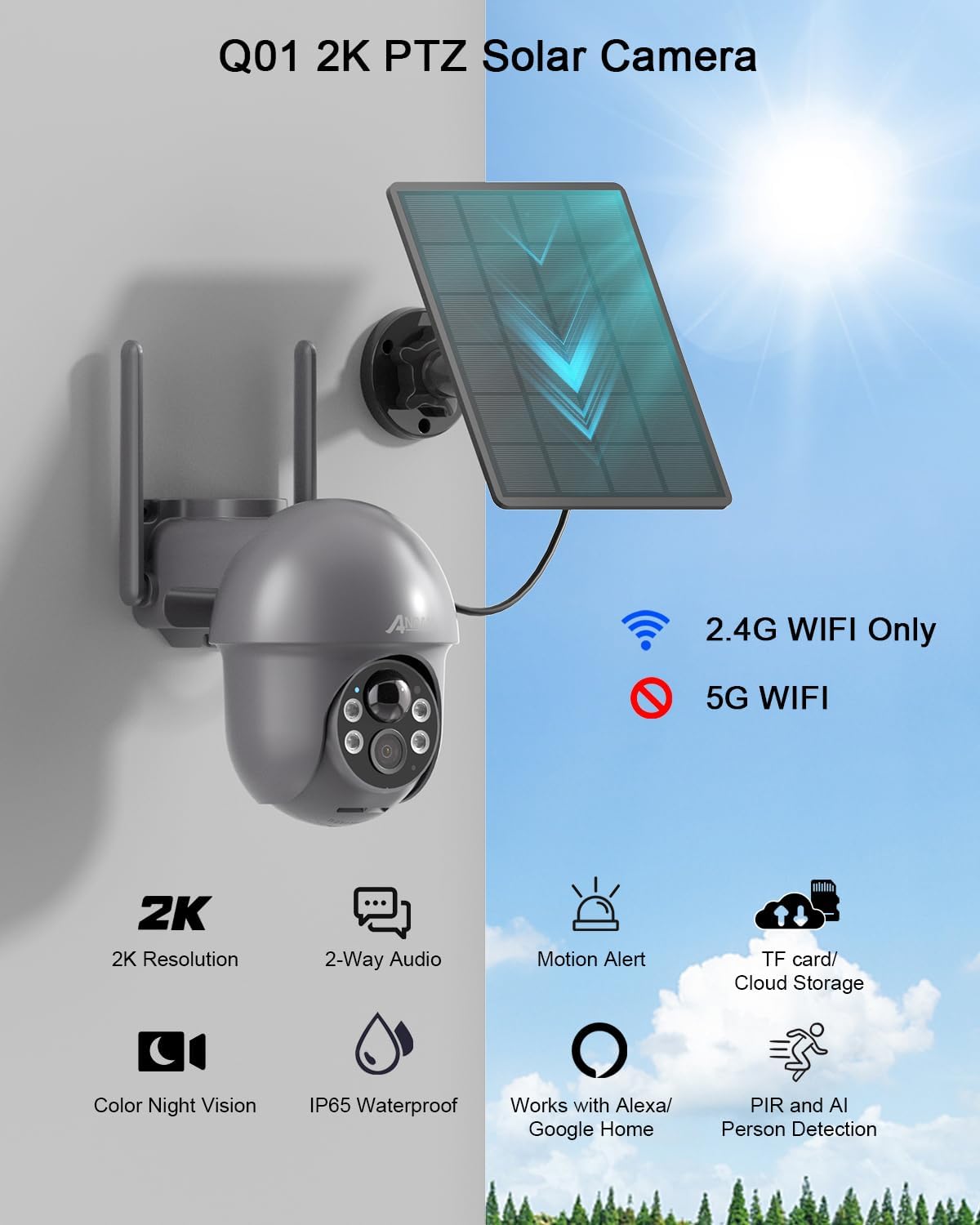 ANRAN 2K Solar Security Cameras Wireless Outdoor, Pan/Tilt 360° View, Gray