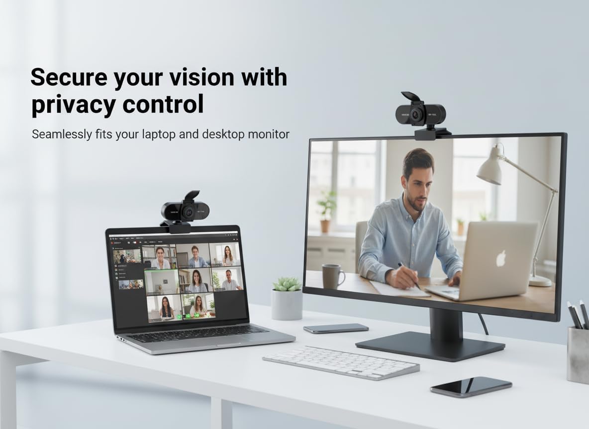 1080P HD Webcam with Microphone, Noise Cancellation, Privacy Cover, Wide-Angle Lens, Auto Light Correction, Plug & Play USB Webcam for Laptop, Desktop, PC, Mac, Zoom, Skype, Streaming (1080p)