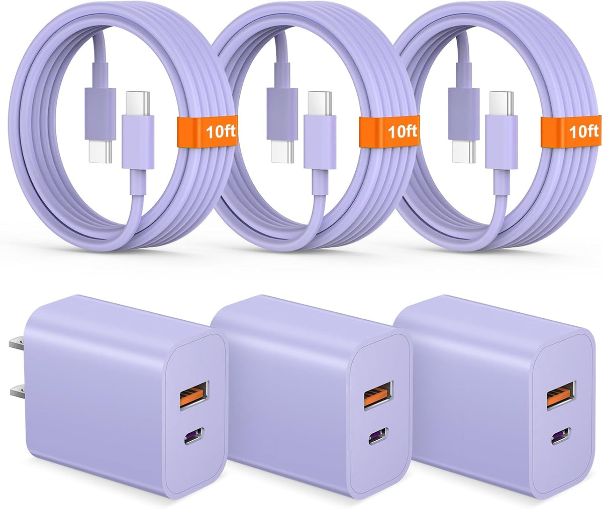 iPhone 17 16 15 Charger Fast Charging USB C Charger Block Type C Chargers Charging Block with 3 Pack 10FT Cable for iPhone 17/17 Plus/17 Pro Max/16/16 Plus/16 Pro Max/15 Pro Max/iPad Pro (Purple