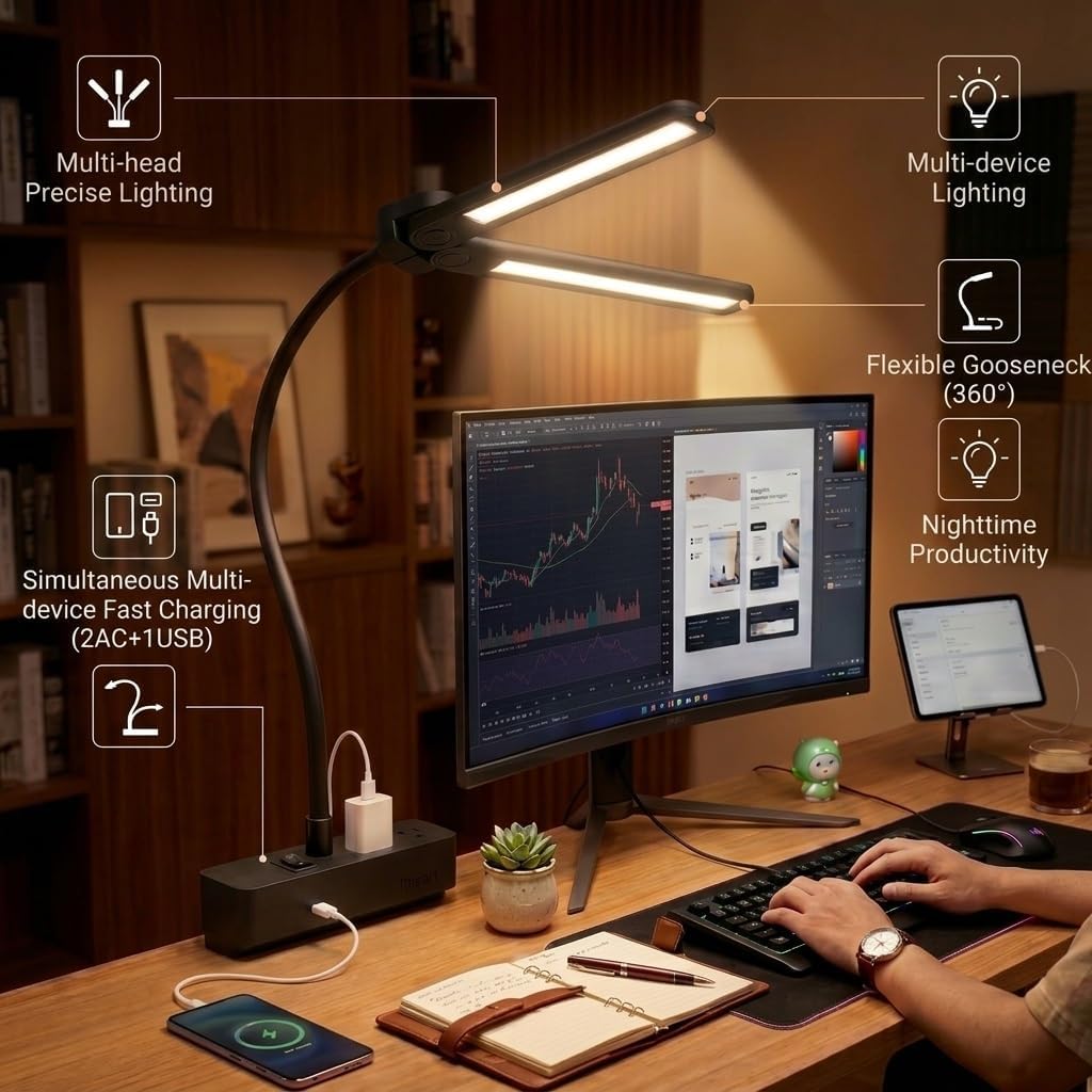 Drevet Led Desk Lamp for Office Home, Eye Caring Architect lamp with Clamp, 2AC&1USB-C Charging Port, 3 Brightness & 3 Color Modes Flexible Adjustable Lighting Table Lamp for Study Drafting