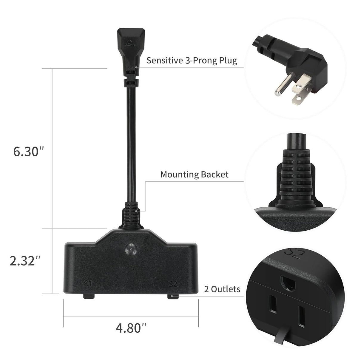 Electric Smart Outdoor Plug, Waterproof Outlet with 2 Sockets, Compatible with Alexa and Google Home, 2.4 GHZ Wi-Fi Only, App Control, Voice Control, Timer, Black