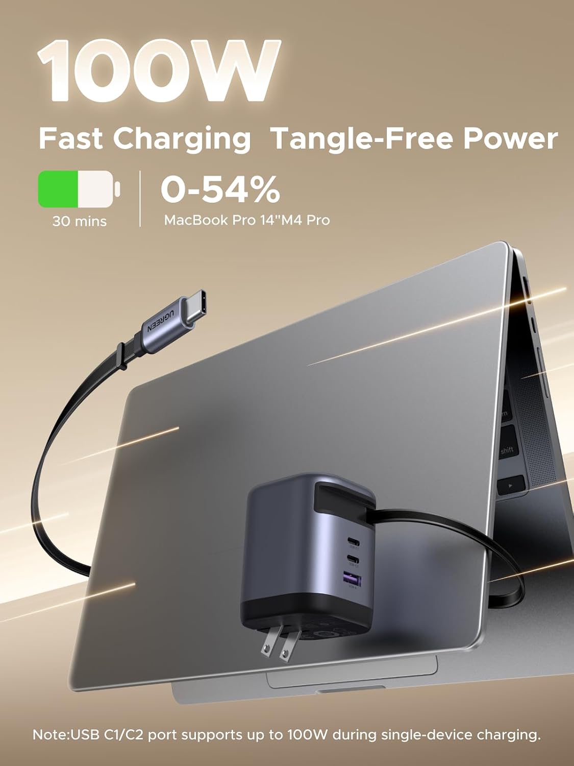 UGREEN Nexode 100W GaN 3-Port USB-C Charger for MacBook & iPhone | Built-in retractable cable, GaN tech, Wall adapter. Powers for laptops, iPhones, DJI drones
