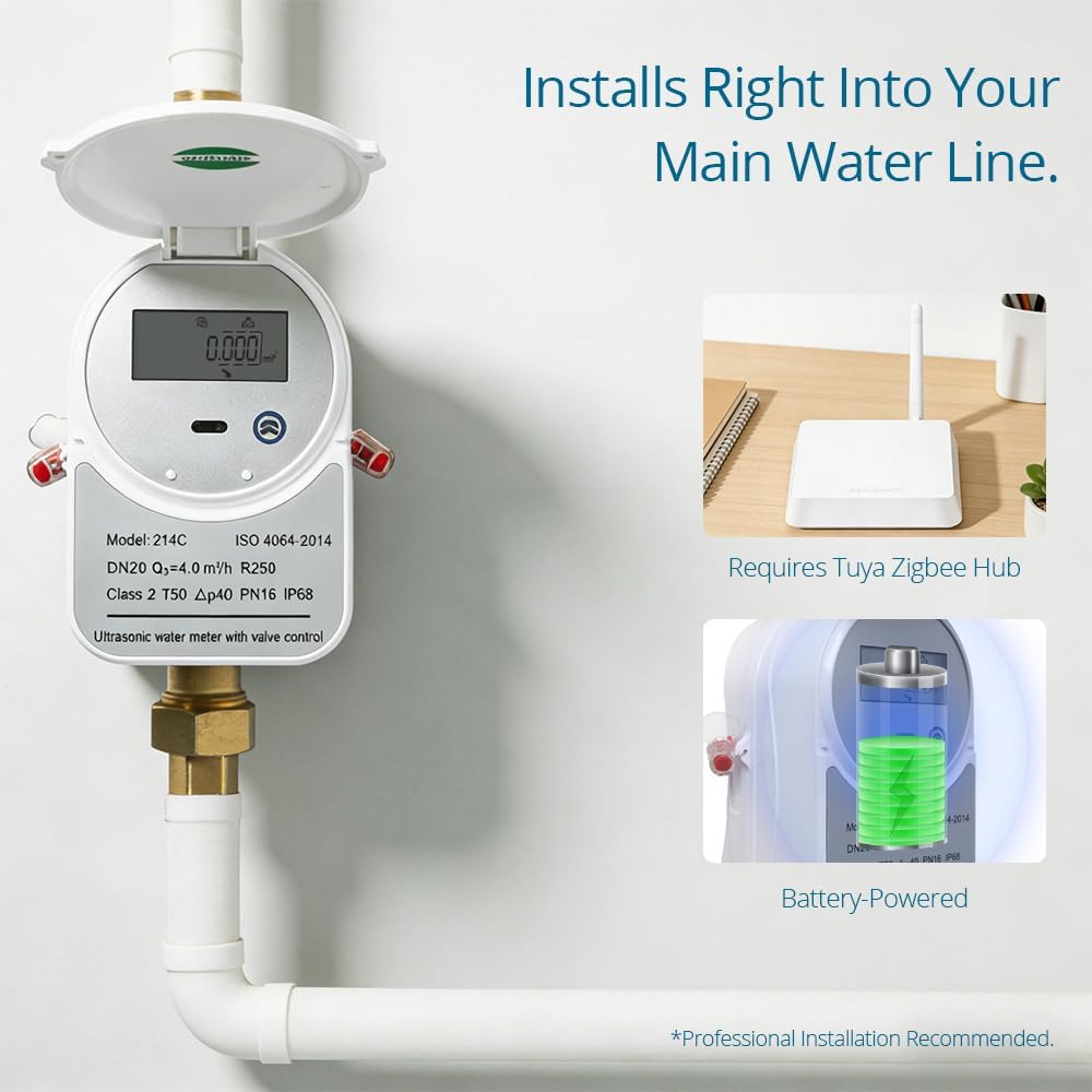 Zigbee Smart Water Meter with Shutoff Valve & LCD Display 214C - Works with Tuya Smart & Home Assistant, Battery-Powered, Remote Flow Monitoring, Zigbee Hub Required (3/4 inch, DN20)