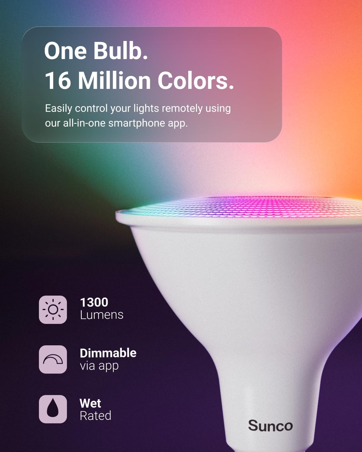 Sunco PAR38 Smart LED Flood Light Bulb, WiFi Color Changing, RGB Tunable White CCT, 13W, Dimmable, Works with Alexa & Google Home, No Hub Required, E26 Base, Outdoor for Backyard Porch Garage, 2 Pack