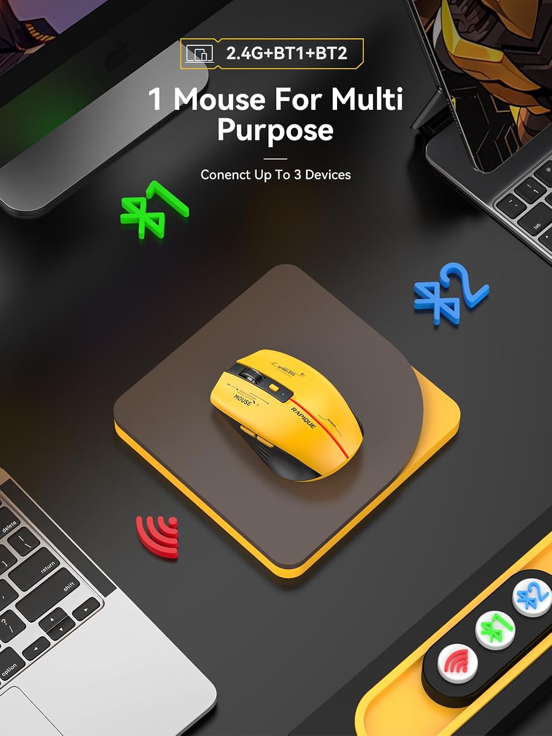 RAPIQUE Bluetooth Wireless Mouse - (BT1/BT2+USB Receiver) Tri-Device Compatibility for PC, Laptop, Computer, MacBook, Tablet (Black and Yellow)