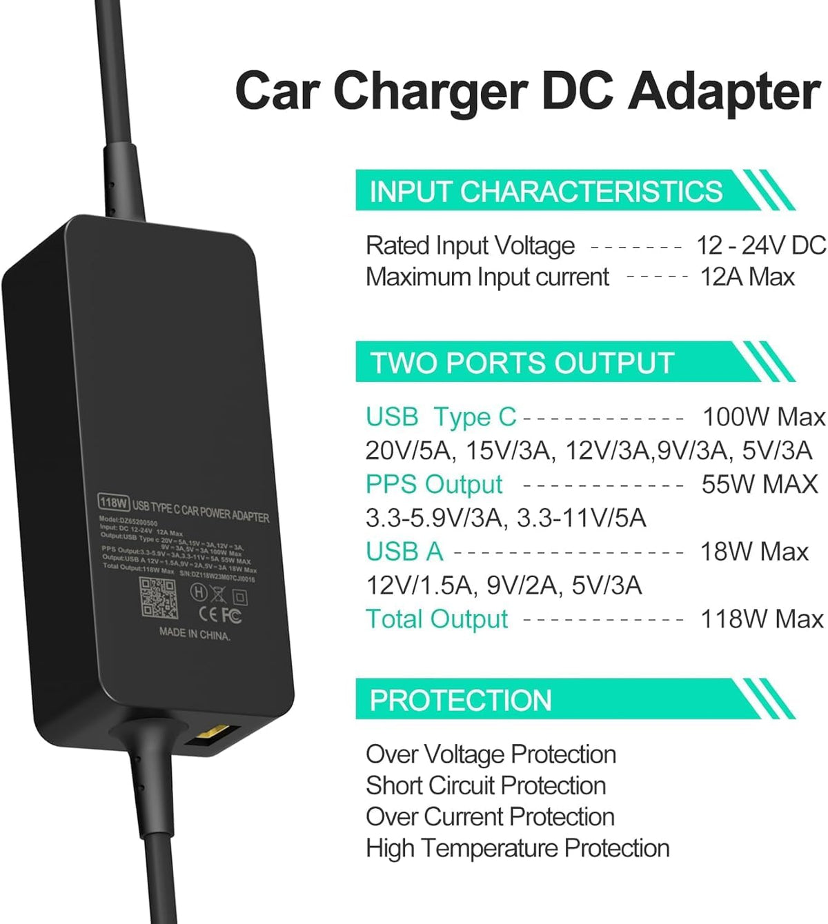 100W Laptop Car Charger USB C Car Charger for Dell Latitude/Precision/XPS, Compatible MacBook Pro/Air,HP Spectre/Elitebook,Samsung Galaxy,Asus,acer,Lenovo ThinkPad/Yoga/Idea Car Laptop Charger