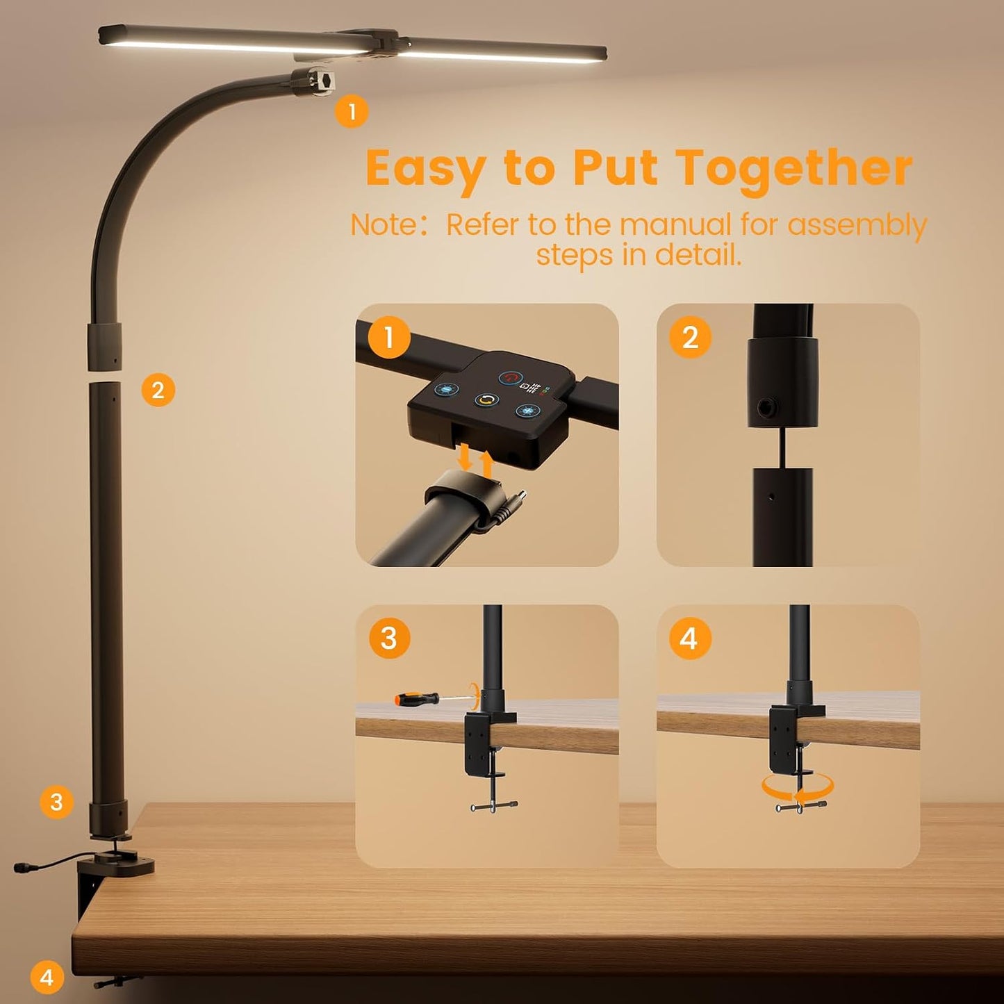 LED Desk Lamp for Home Office, 24W Computer Desk Light with Remote Control, Bright Table Lamp with Clamp Dimmable Tall Desktop Lighting with Bendable Gooseneck, Double Head, Black