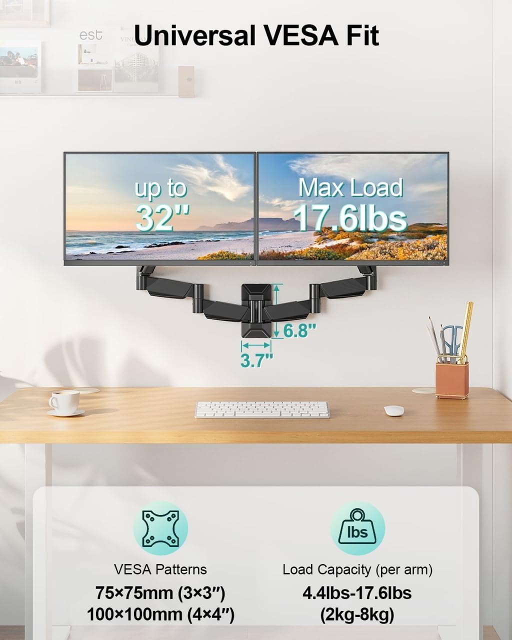 Long Arm Dual Monitor Wall Mount for 17-32", Max 27.1" Extension