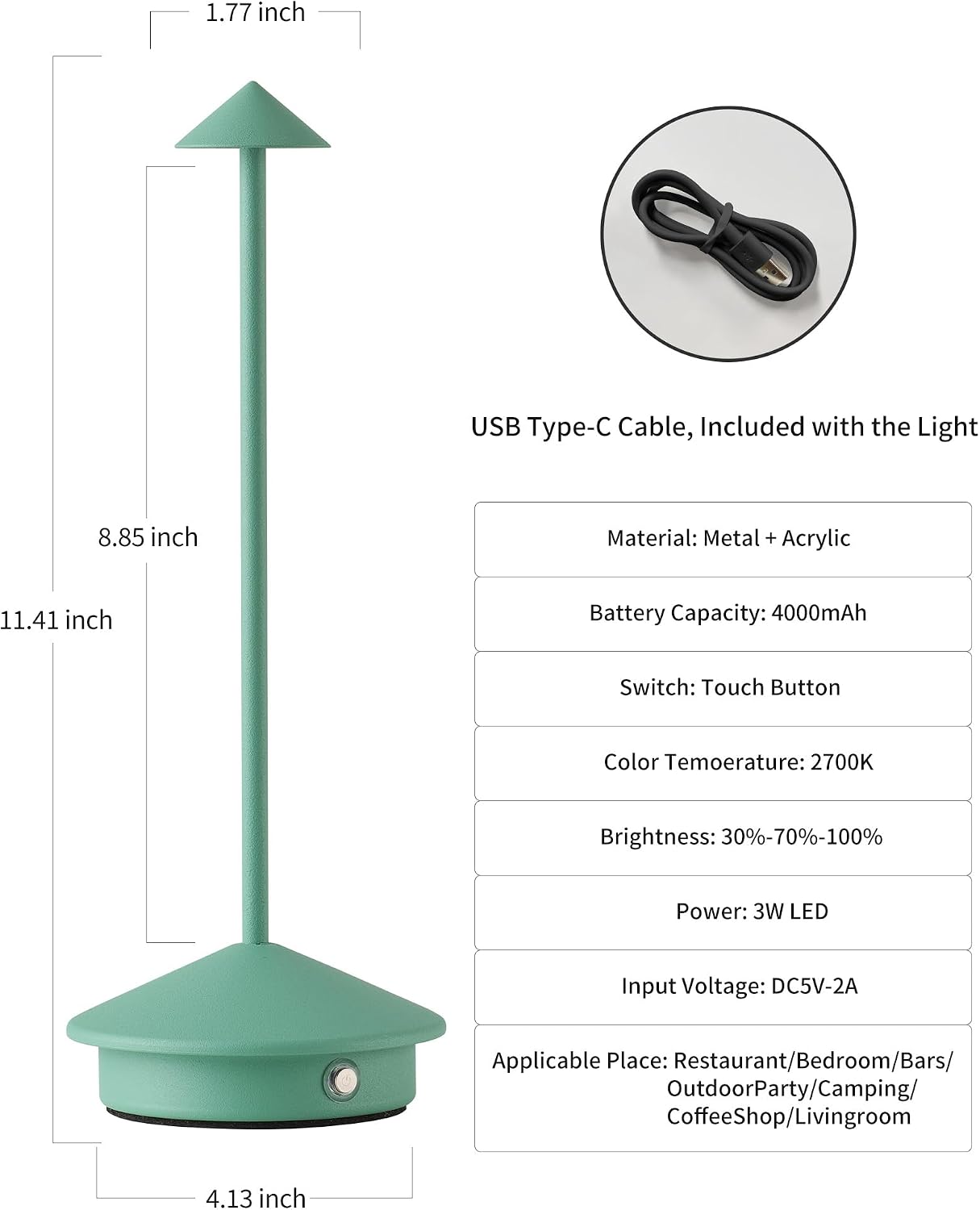 Modern Cordless Table Lamp Set of 2, Green Portable LED Desk Lamps | 4000mAh, Rechargeable, Battery Operated Lighting for Bedroom, Dining Room, Restaurant, Coffee Shop, Camping, Night Light