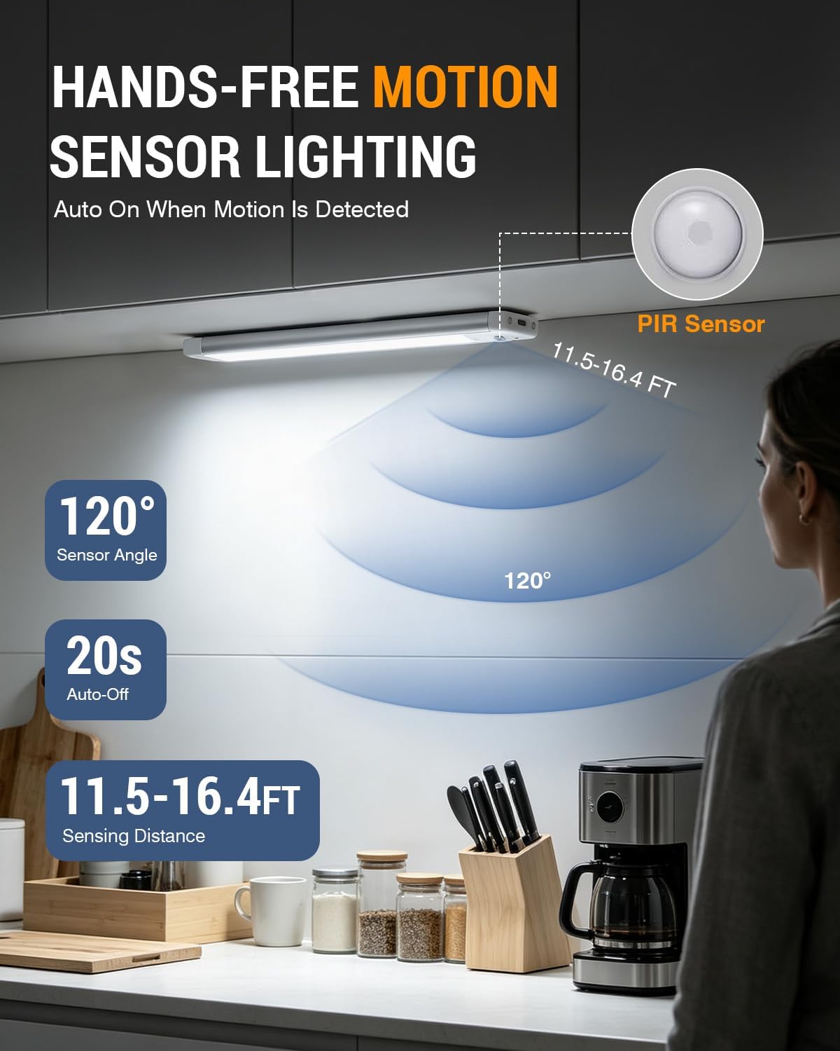 Under Cabinet Lighting Wireless, 2200mAh Motion Sensor Light Indoor, 3 Pack