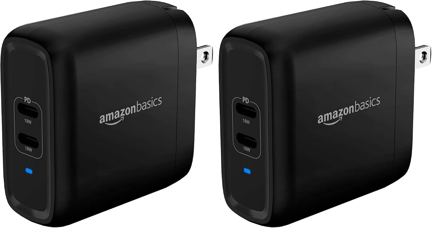 Amazon Basics 36W Dual Port USB-C Wall Charger with Power Delivery, Foldable Plug, for Tablets and Phones, Apple Watch, White, 2.34 x 1.09 x 2.21 in (PD36U-2TNB)