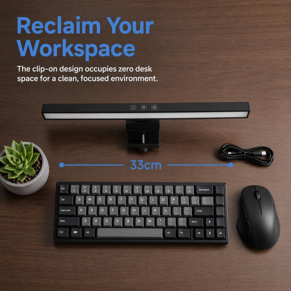 Laptop Monitor Lamp, Black LED Computer Monitor Light Bar, Anti Blue Light Clip-On ABS Screen Lamp, 13 x 0.6 in